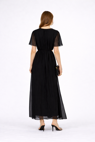 Long mixed silk dress with a flowing effect