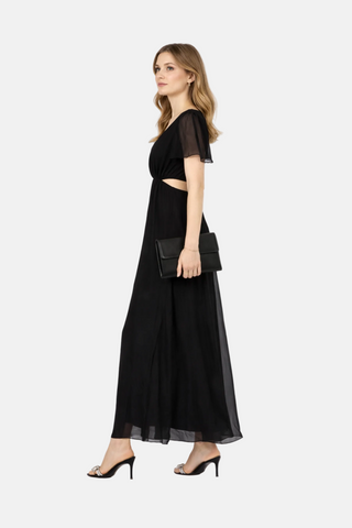 Long mixed silk dress with a flowing effect